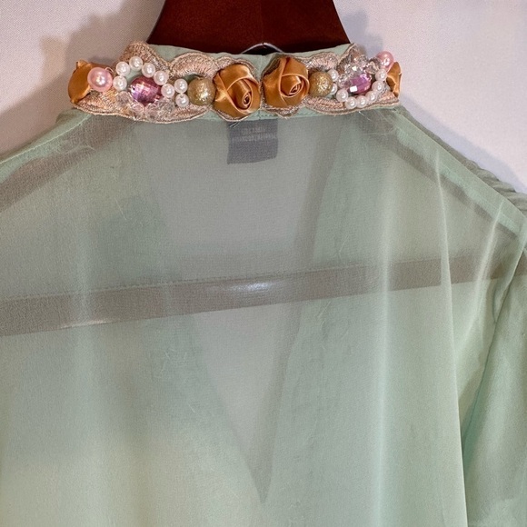 Queenora Womens Blouse Kaftan Lime Green Embedded Beads Ribbon Tunic Tunic Sz L - Picture 9 of 16